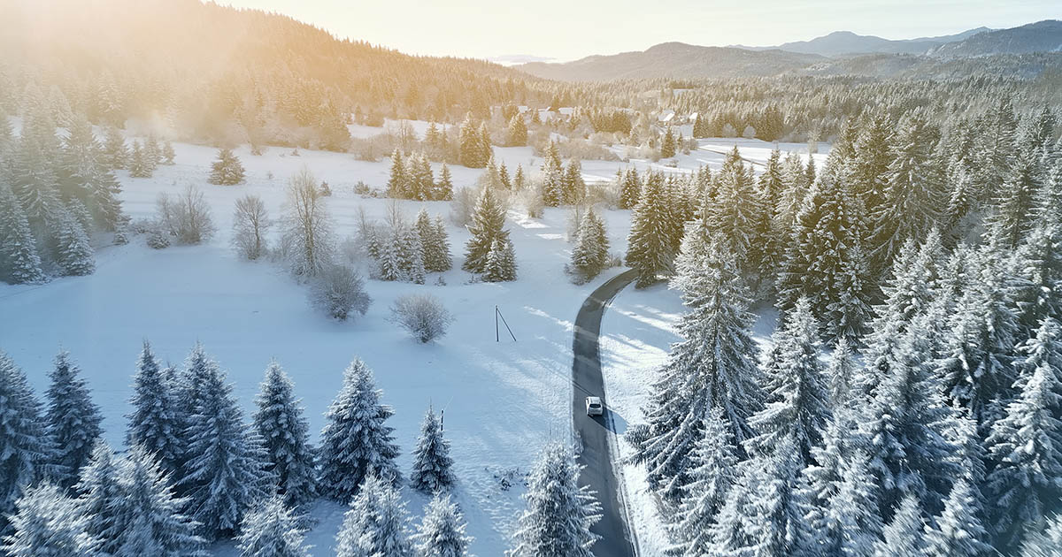 aerial view of a snowy winding road
